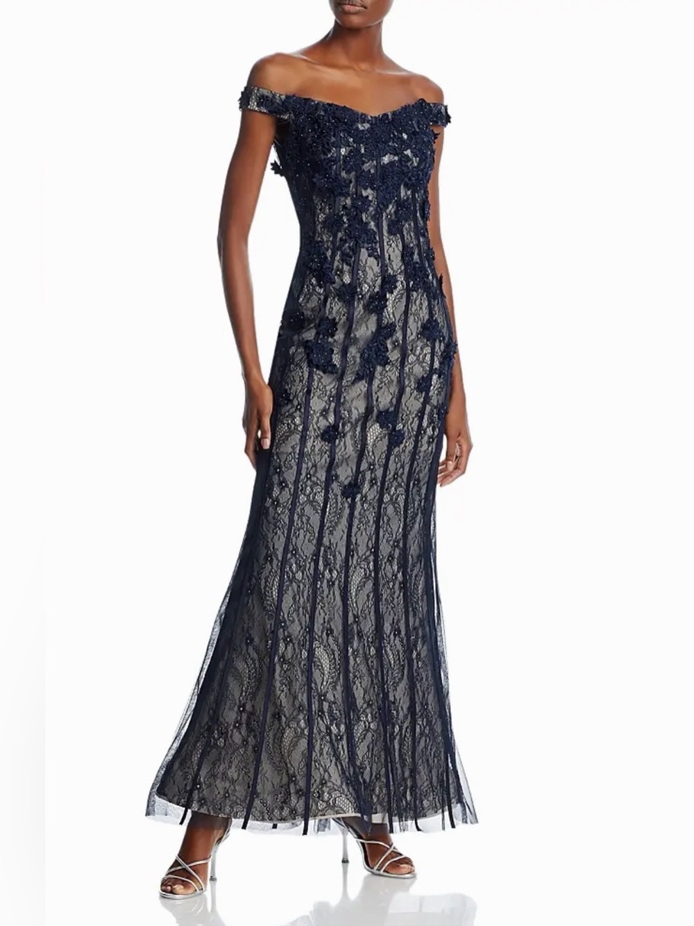 Aqua Formal Embellished Illusion Lace Off-the-Shoulder Navy Gown Dress Size 6
